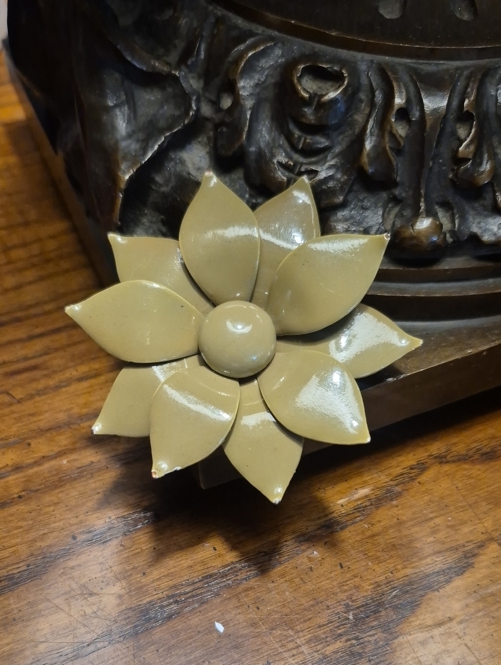 Vintage Olive Green Enamel Metal Brooch